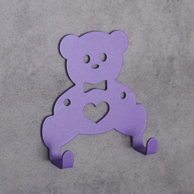 Вешалка интерьерная настенная на 2 крючка «Мишка», детская, цвет фиолетовый