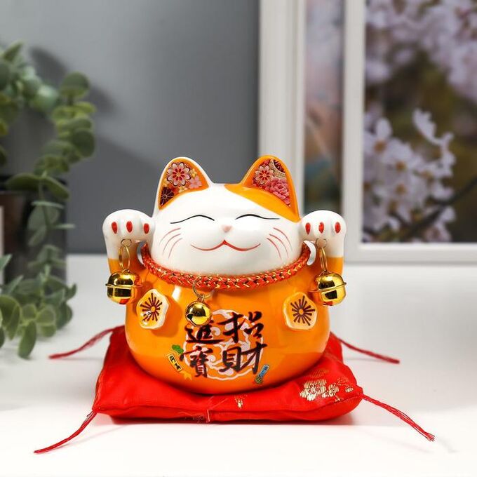 Сувенир керамика копилка &quot;Оранжевый кот Манэки-нэко с колокольчиками&quot; 11,5х11,5х9,5 см