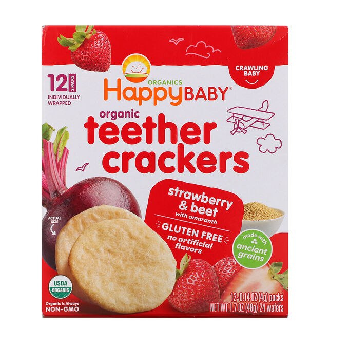 Happy Family Organics, Organic Teether Crackers, Strawberry &amp; Beet with Amaranth, 12 Packs, 0.14 oz (4 g) Each