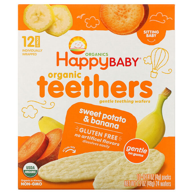 Happy Family Organics, Organic Teethers, вафли для мягкого прорезывания зубов у сидящих малышей, батат и банан, 12 пакетиков по 4 г (0,14 унции)