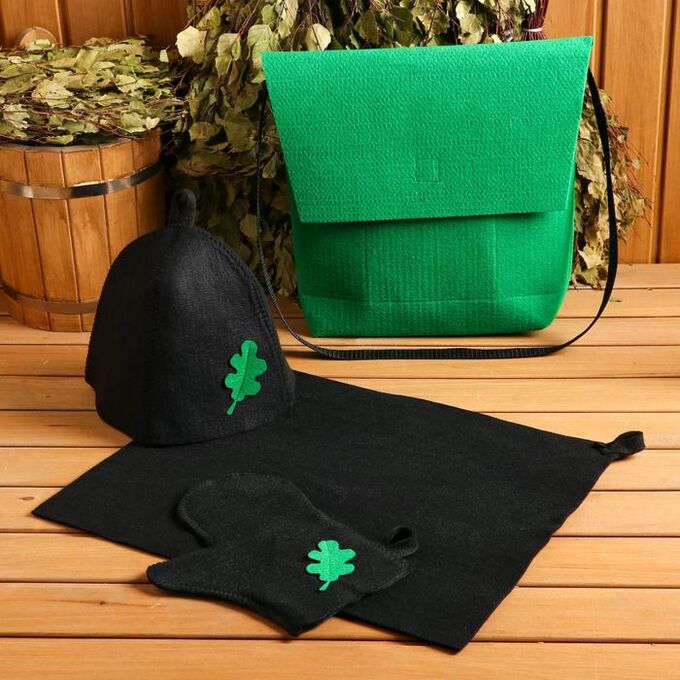 Набор банный портфель зеленый шапка,коврик,рукавица &quot;Листик&quot;