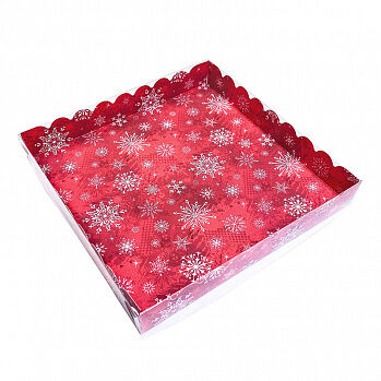 Коробка для пряников с прозрачной крышкой &quot;Снежинки на красном&quot;, 20*20*3 см