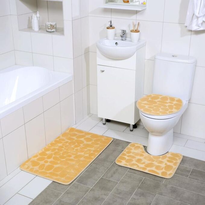 Набор ковриков для ванны и туалета  «Галька», 3 шт: 36?42, 40?50, 50?80 см, цвет бежевый