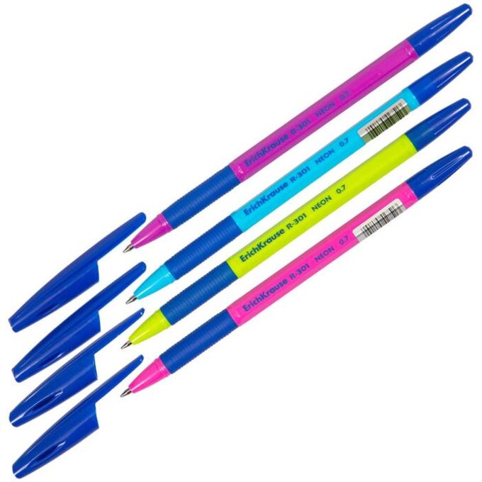 Ручка шариковая Erich Krause R-301 Neon Stick &amp; Grip, узел 0.7 мм, чернила синие, резиновый упор, длина линии письма 1000 метров, микс