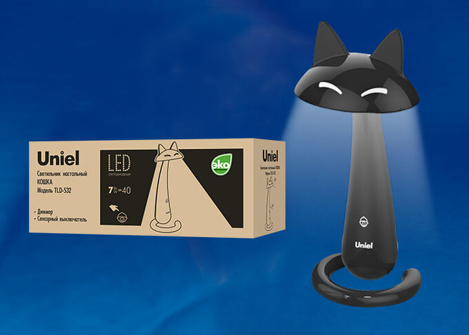 UNIEL Светильник настольный «Кошка». 7W. Сенсорный выключатель. Диммер. Чёрный. TLD-532 Black/LED/360Lm/4500K/Dimmer