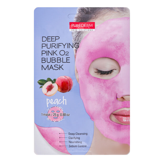 Purederm Deep Purifying Pink O2 Bubble Mask Peach Увлажняющая кислородная маска c персикм, 25 гр