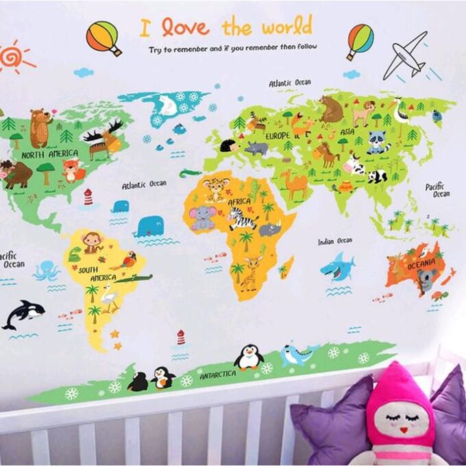 Наклейка пластик интерьерная цветная &quot;Карта мира - животные&quot; 60х90 см