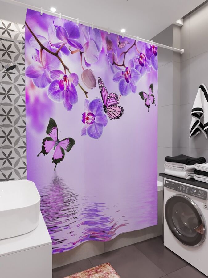 Фотоштора для ванной Бабочки и орхидеи