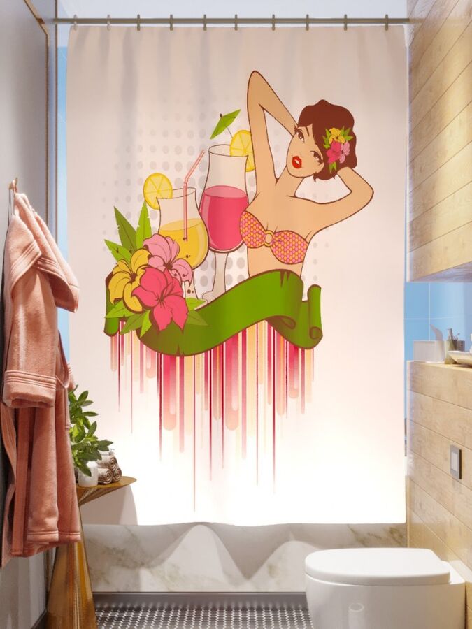 Фотоштора для ванной Девушка с коктейлем