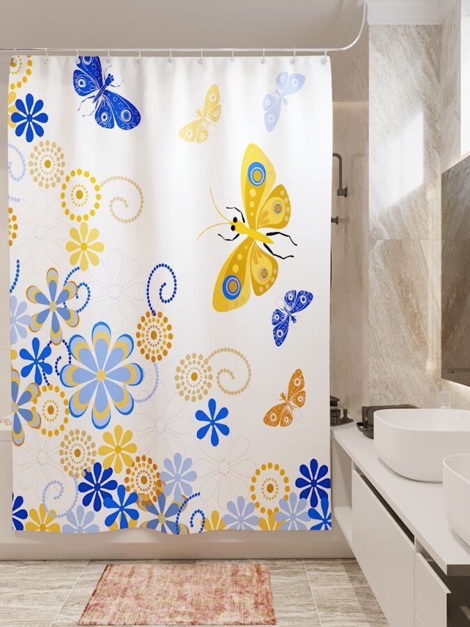 Фотоштора для ванной Цветочный узор с бабочками 2