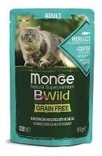 Monge Cat BWild GRAIN FREE паучи из трески с креветками и овощами для взрослых кошек 85г