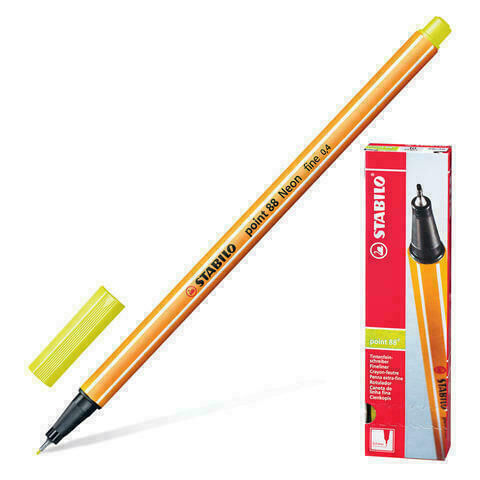 Ручка капиллярная (линер) STABILO &quot;Point 88&quot;, НЕНОВАЯ ЖЕЛТАЯ, корпус оранжевый, линия письма 0,4 мм, 88/024