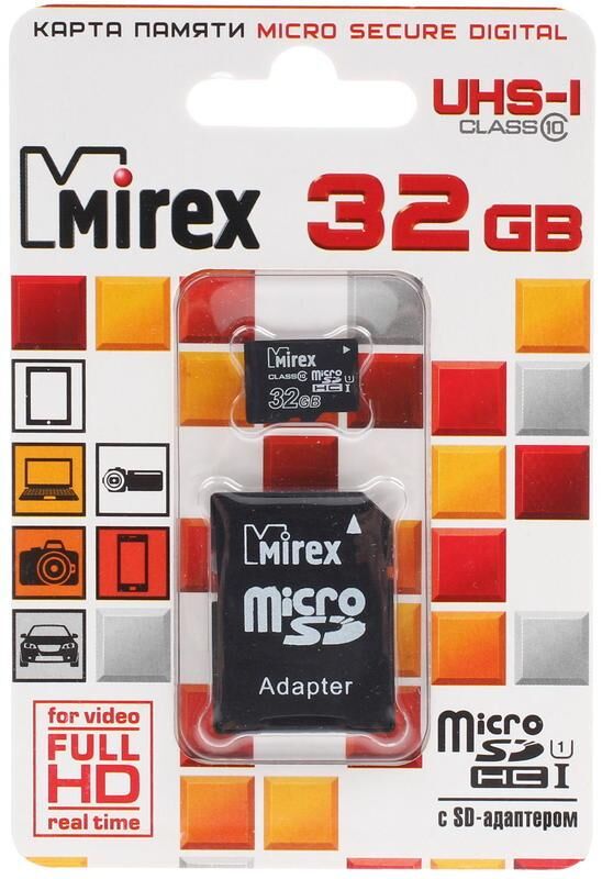 Micro SDHC карта памяти 32ГБ Mirex Class 10 с адаптером (13613-ADSUHS32)