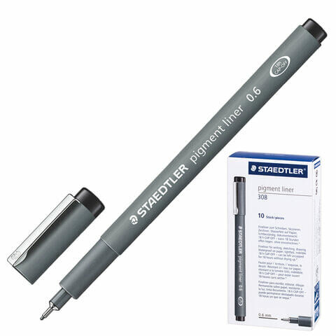 Ручка капиллярная (линер) STAEDTLER &quot;Pigment Liner&quot;, ЧЕРНАЯ, корпус серый, линия письма 0,6 мм, 308 06-9