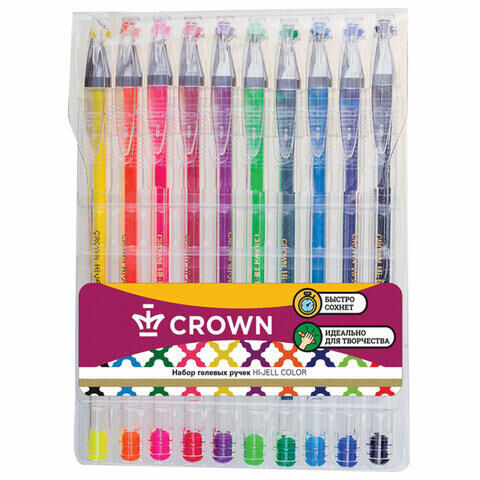 Ручки гелевые CROWN &quot;Hi-Jell Color&quot;, НАБОР 10 ЦВЕТОВ, узел 0,5 мм, линия 0,35 мм, HJR-500SET/10