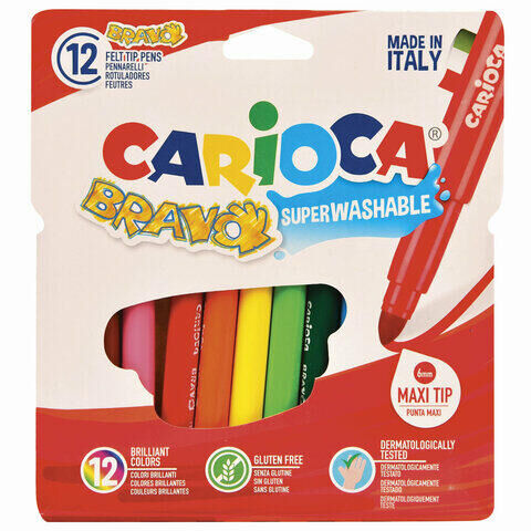 Фломастеры утолщенные CARIOCA (Италия) &quot;Bravo&quot;, 12 цветов, суперсмываемые, 42755
