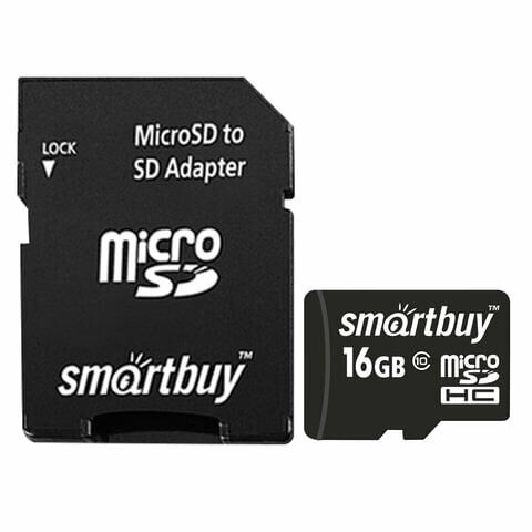 Карта памяти microSDHC, 16 GB, SMARTBUY, 10 Мб/сек. (class 10), с адаптером, SB16GBSDCL10-01