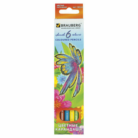 Карандаши цветные BRAUBERG &quot;Wonderful butterfly&quot;, 6 цветов, заточенные, картонная упаковка с блестками, 180522