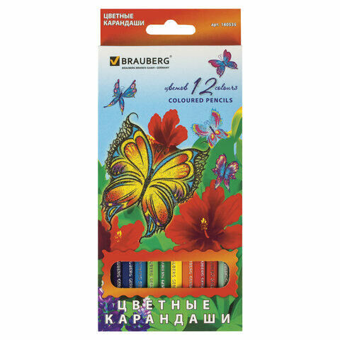 Карандаши цветные BRAUBERG &quot;Wonderful butterfly&quot;, 12 цветов, заточенные, картонная упаковка с блестками, 180535