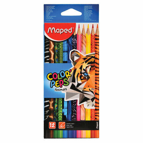 Карандаши цветные MAPED (Франция) &quot;Color&#039;Peps Animals&#039;&quot;, 12 цветов, трехгранные, заточенные, европодвес, 832212