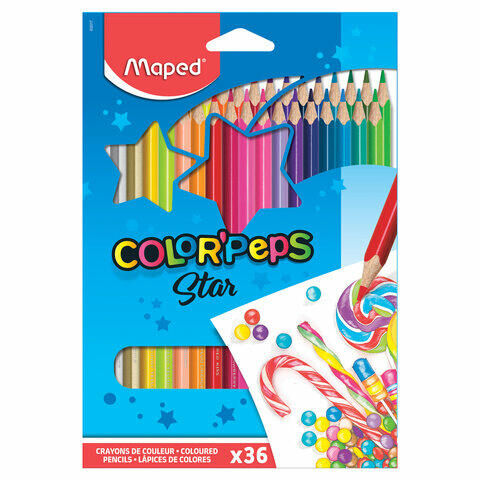 Карандаши цветные MAPED (Франция) &quot;Color&#039;Peps Star&quot;, 36 цветов, трехгранные, заточенные, европодвес, 832017