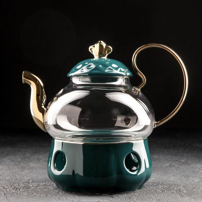 СИМА-ЛЕНД Чайник заварочный «Элегия», 600 мл, с металлическим ситом и подставкой для подогрева, цвет изумруд/золото