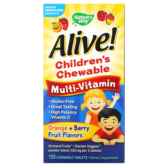 Nature&#039;s Way, Alive! Детский жевательный мультивитамин, вкус апельсина и ягод, 120 жевательных таблеток