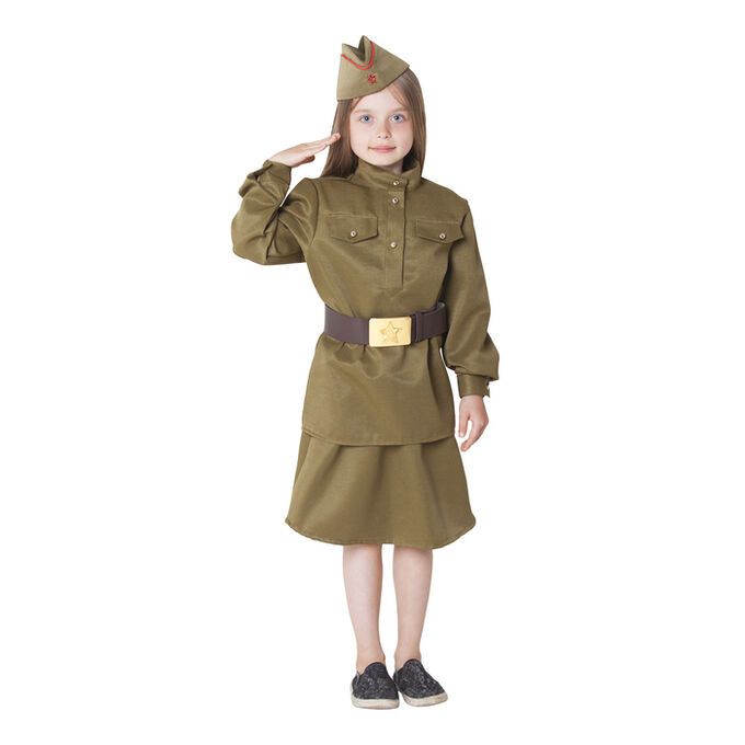 Страна карнавалия Костюм военный для девочки: гимнастёрка, юбка, ремень, пилотка, рост 104-110 см