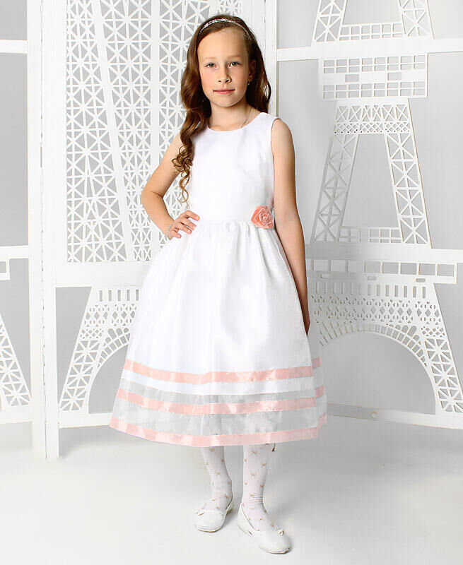 Радуга дети Белое платье для девочки с персиковыми лентами Цвет: белый