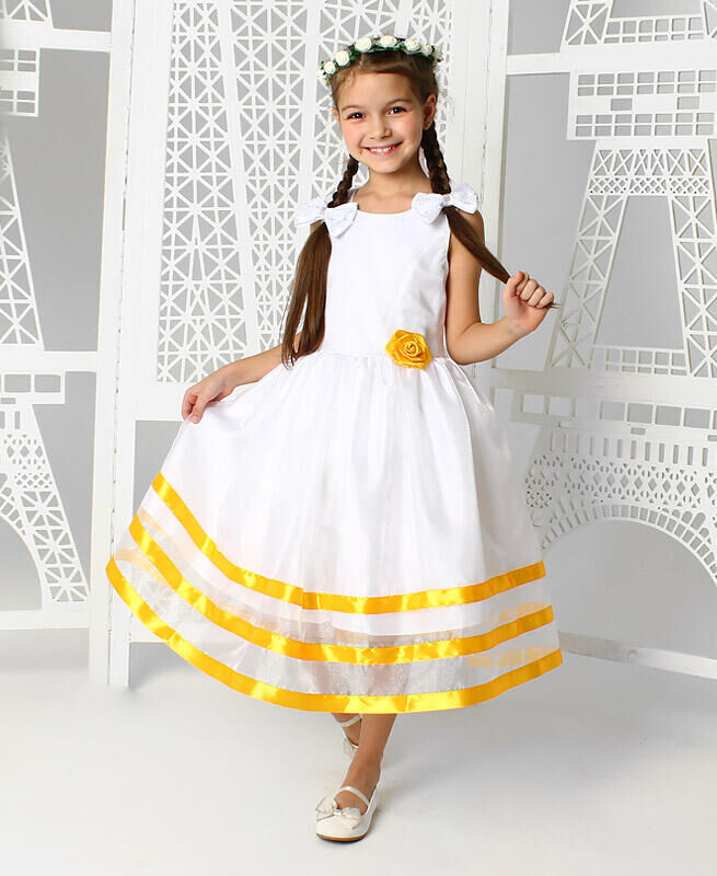 Радуга дети Нарядное платье для девочки с жёлтыми лентами Цвет: белый