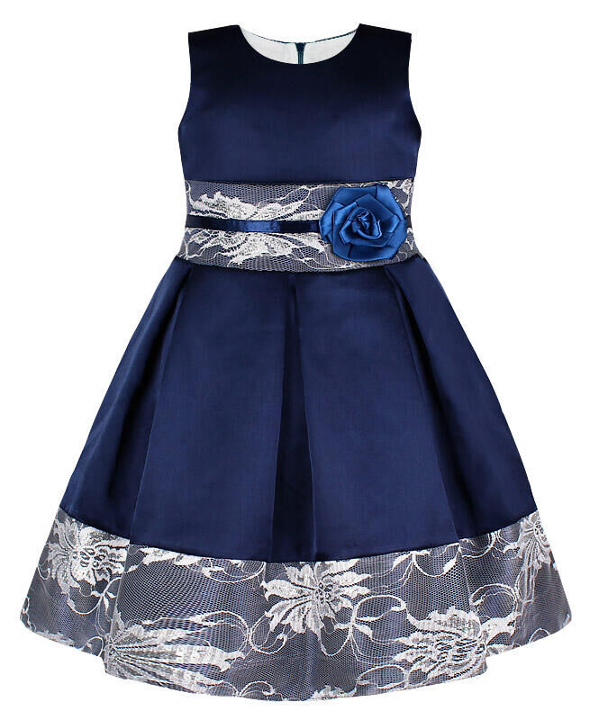 Радуга дети Нарядное тёмно-синее платье для девочки с белым гипюром Цвет: тёмно-синий