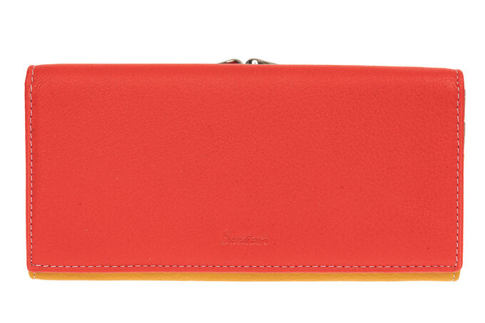 Двухцветный женский кошелёк-портмоне из натуральной кожи, красный с оранжевым
