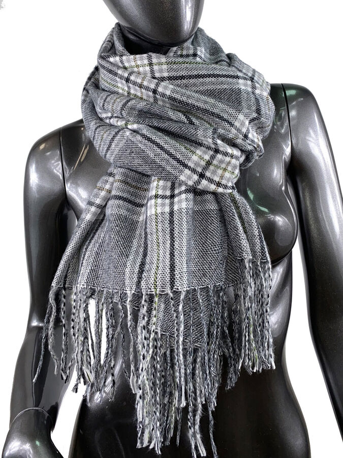 Клетчатый шарф-палантин из вискозы и шерсти в тёмно-серых оттенках