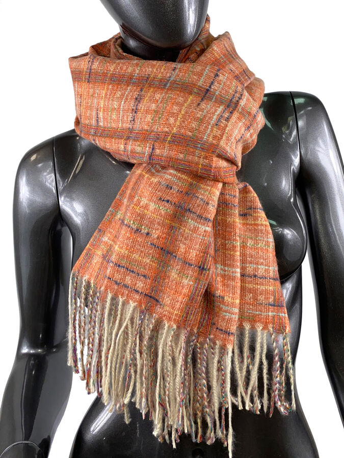 Клетчатый шарф-палантин из вискозы и шерсти, цвет оранжевый с разноцветными нитями