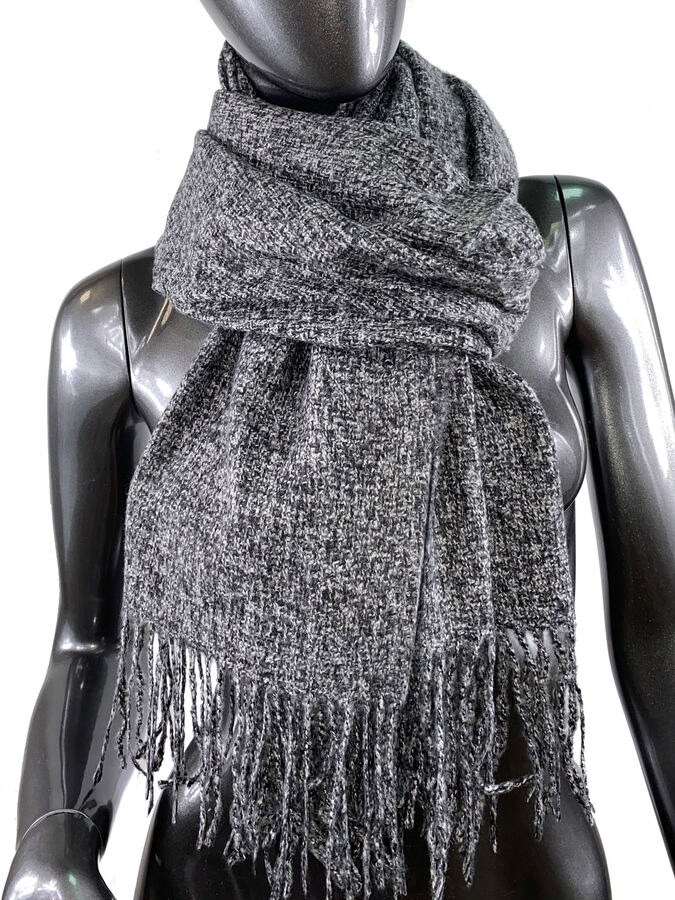Тёплый платок-палантин из шерсти и вискозы, цвет серый с чёрным