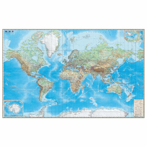 Карта настенная &quot;Мир. Обзорная карта. Физическая с границами&quot;, М-1:15 млн., разм. 192х140 см, ламинированная, 293