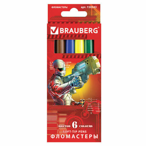 Фломастеры BRAUBERG &quot;Star Patrol&quot;, 6 цветов, вентилируемый колпачок, картонная упаковка, увеличенный срок службы, 150543