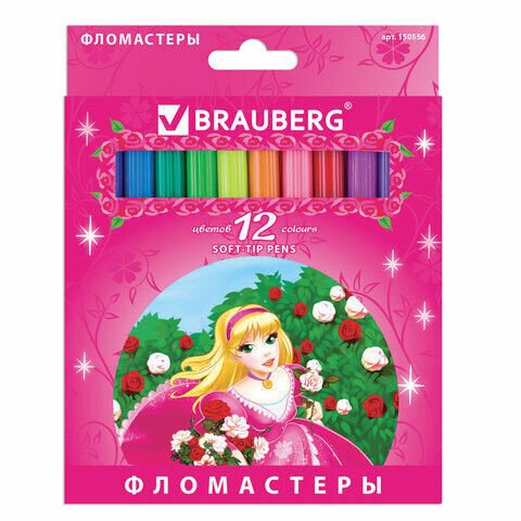 Фломастеры BRAUBERG &quot;Rose Angel&quot;, 12 цветов, вентилируемый колпачок, картонная упаковка, увеличенный срок службы, 150556