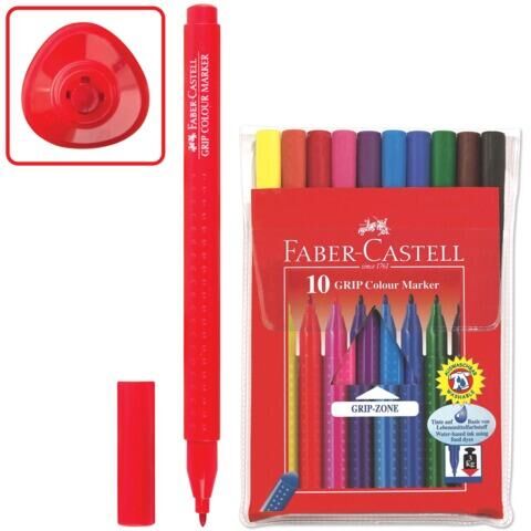 Фломастеры FABER-CASTELL &quot;Grip&quot;, 10 цветов, трехгранные, смываемые, ПВХ упаковка, 155310