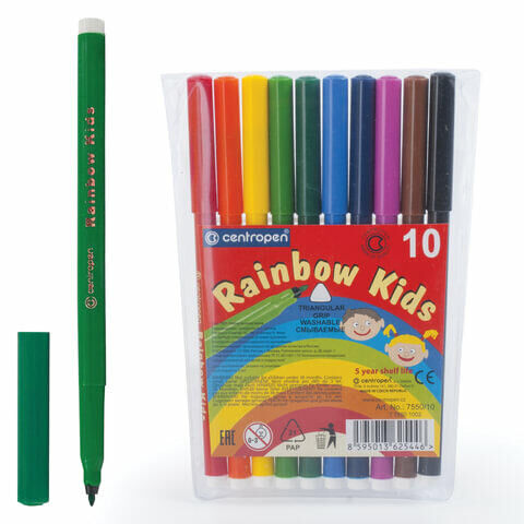 Фломастеры 10 ЦВЕТОВ CENTROPEN &quot;Rainbow Kids&quot;, круглые, смываемые, вентилируемый колпачок, 7550/10ET, 7 7550 1002