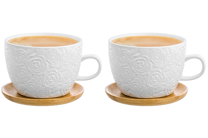 Чашка для капучино и кофе латте 500 мл 14*11,2*8 см &quot;Розы&quot; + дерев. подставка (2 шт.)