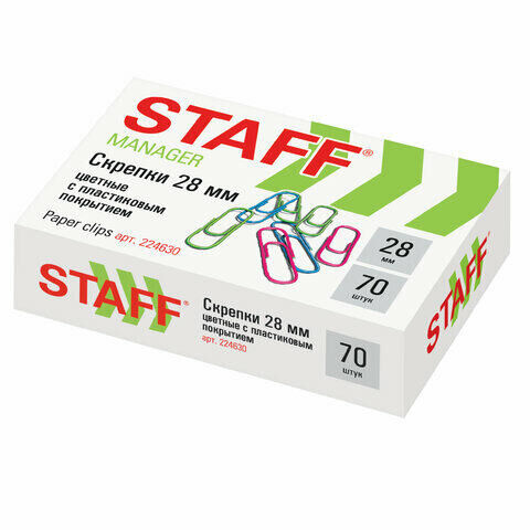Скрепки STAFF &quot;Manager&quot;, 28 мм, цветные, 70 шт., в картонной коробке, Россия, 224630