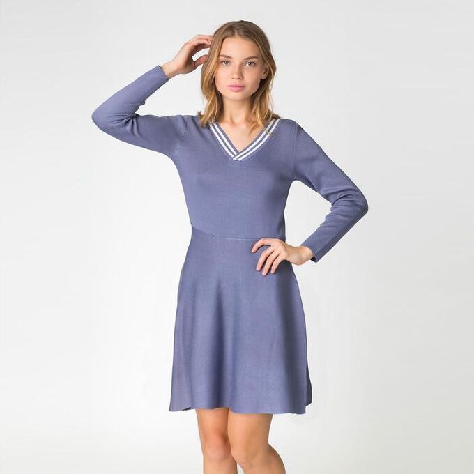 MINAKU Платье вязаное V-вырез, цв. серо-голубой, 65% хлопок, 35% п/э