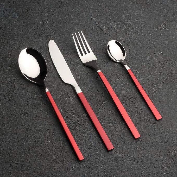 Набор столовых приборов Magistro «Оску стандарт», 4 предмета, цвет металла серебряный, ручки красные