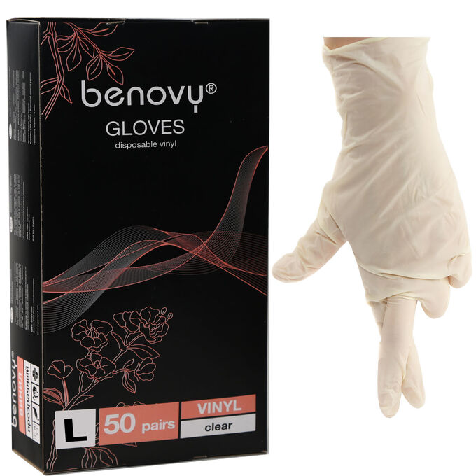 Перчатки виниловые прозрачные GLOVES Benovy   50 пар/уп (L)