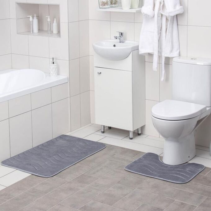 Набор ковриков для ванны и туалета Доляна «Волна», 2 шт: 40x50, 50x80 см, цвет серый