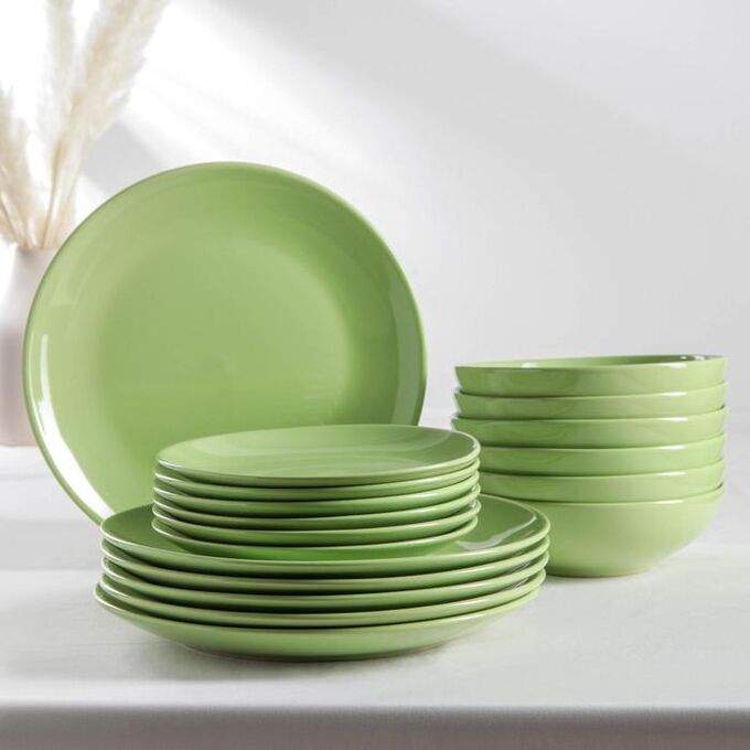 Набор тарелок  «Пастель», 18 предметов: 6 тарелок d=19 см, 6 тарелок d=27 см, 6 мисок d=19 см, цвет зелёный