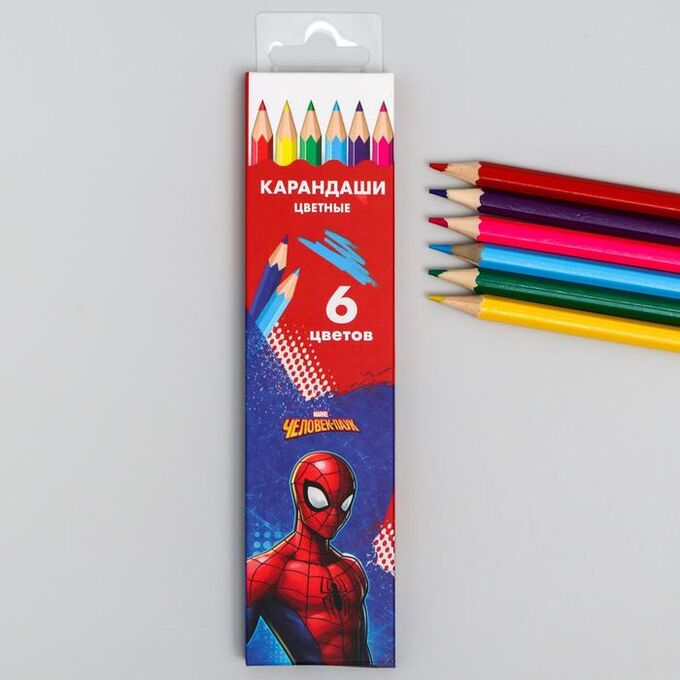 MARVEL Карандаши 6 цветов &quot;Супергерой&quot;, заточенные, шестигранные, картонная упаковка, европодвес, Человек-паук