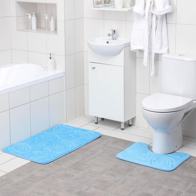 Доляна Набор ковриков для ванны и туалета «Ракушки», объёмные, 2 шт: 40x50, 50x80 см, цвет голубой