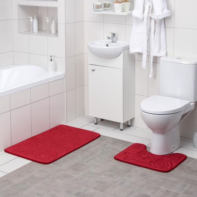 Набор ковриков для ванны и туалета Доляна «Ракушки», объёмные, 2 шт: 40x50, 50x80 см, цвет бордовый